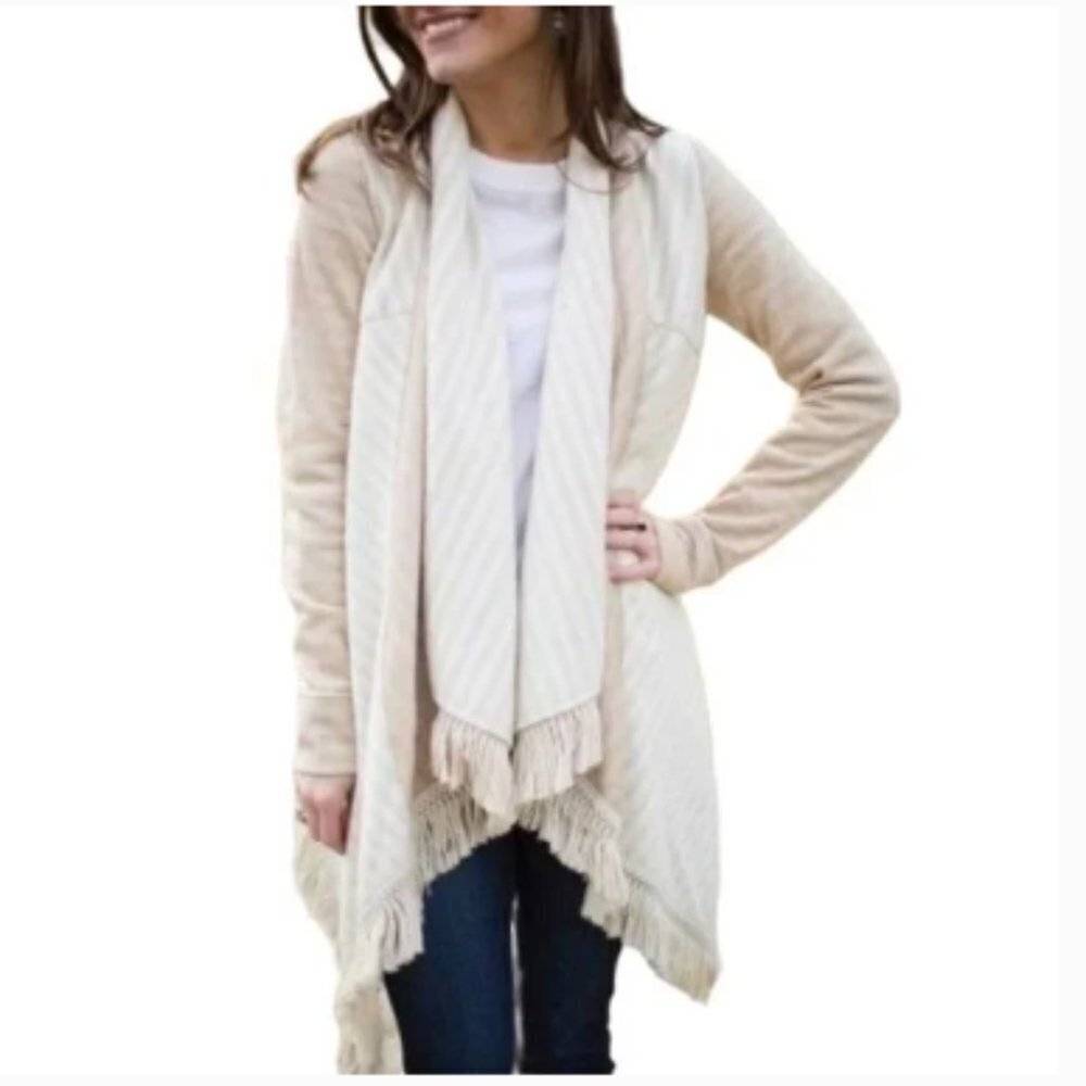 Anthropologie Saturday Sunday Beige Elise Fringe Sweater Cardigan asymmetrical